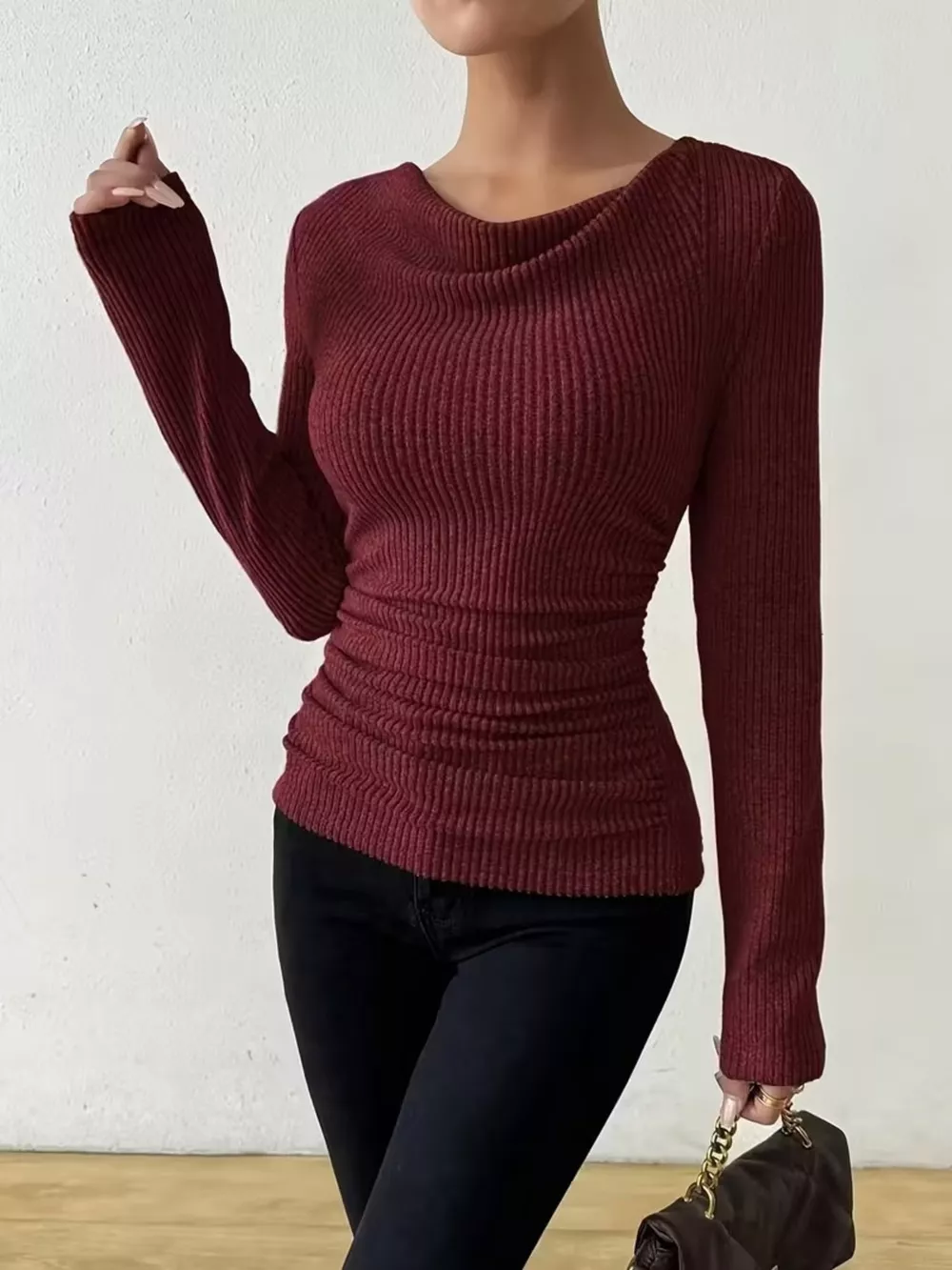 Cowl Neck Ribbed Long Sleeve Sweater, image 15