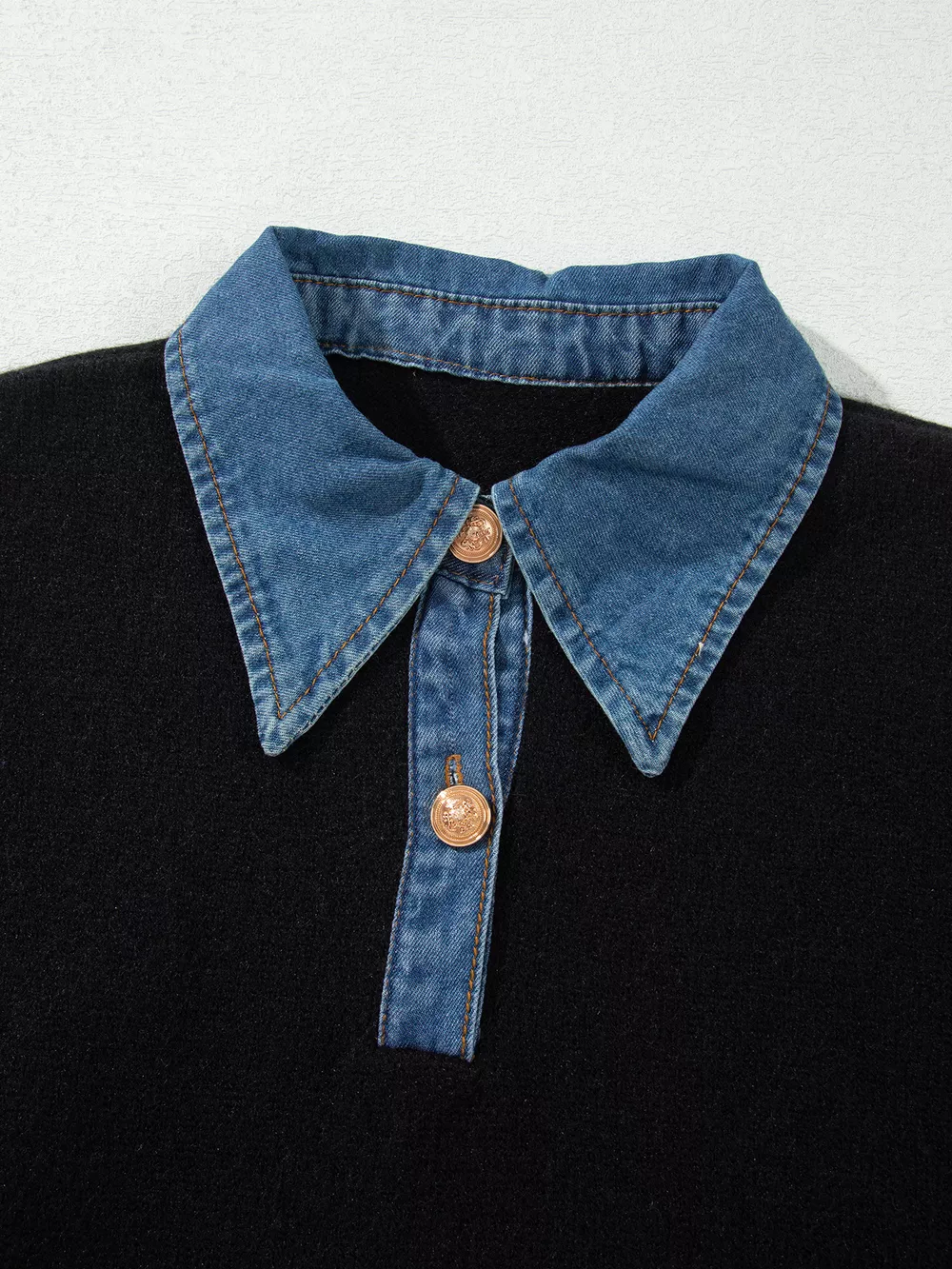 Denim Patchwork Collar Cuffed Casual Sweater, image 9