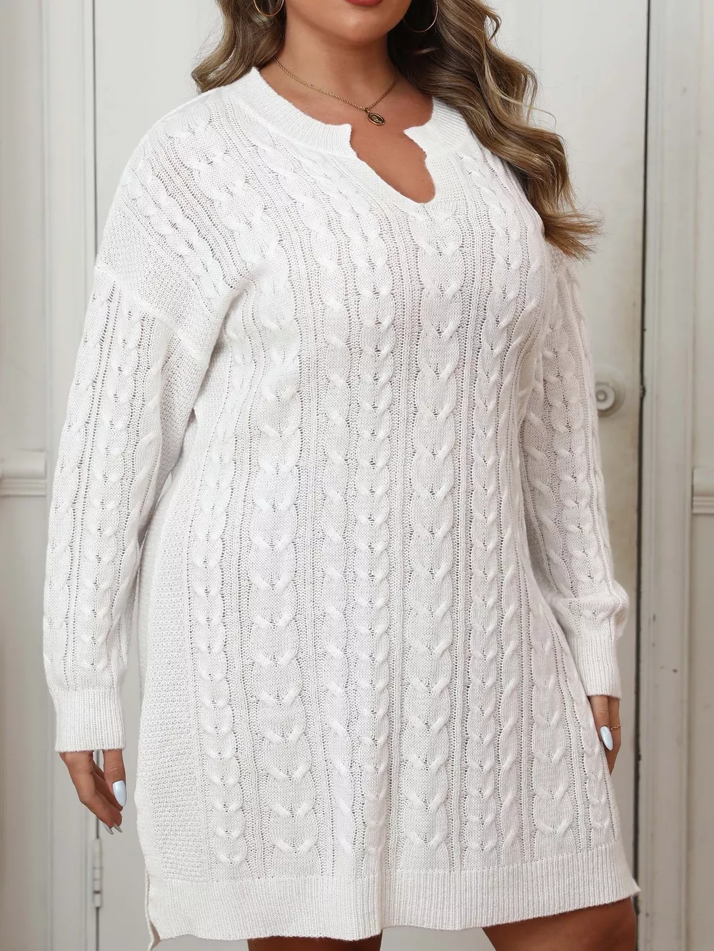 Plus Size Cable Knit Long Sleeve Sweater Dress, image 10