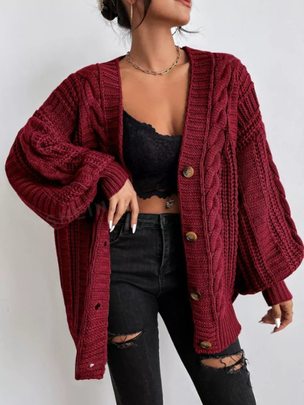 Cable Knit V-Neck Button-Down Cardigan, image 8