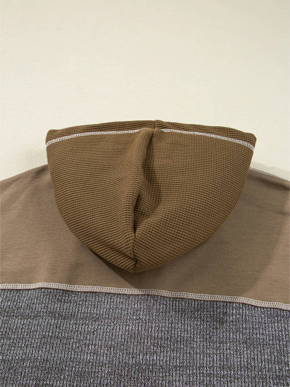 Mixed Texture Patchwork Exposed Seam Half Button Hoodie, image 11
