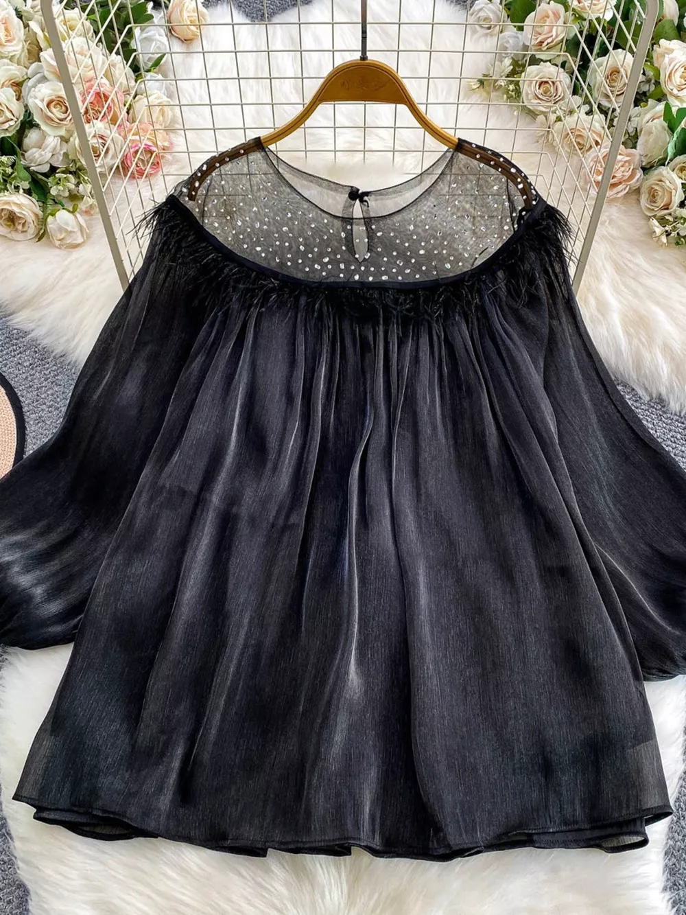 Rhinestone Mesh Panel Blouse, image 7