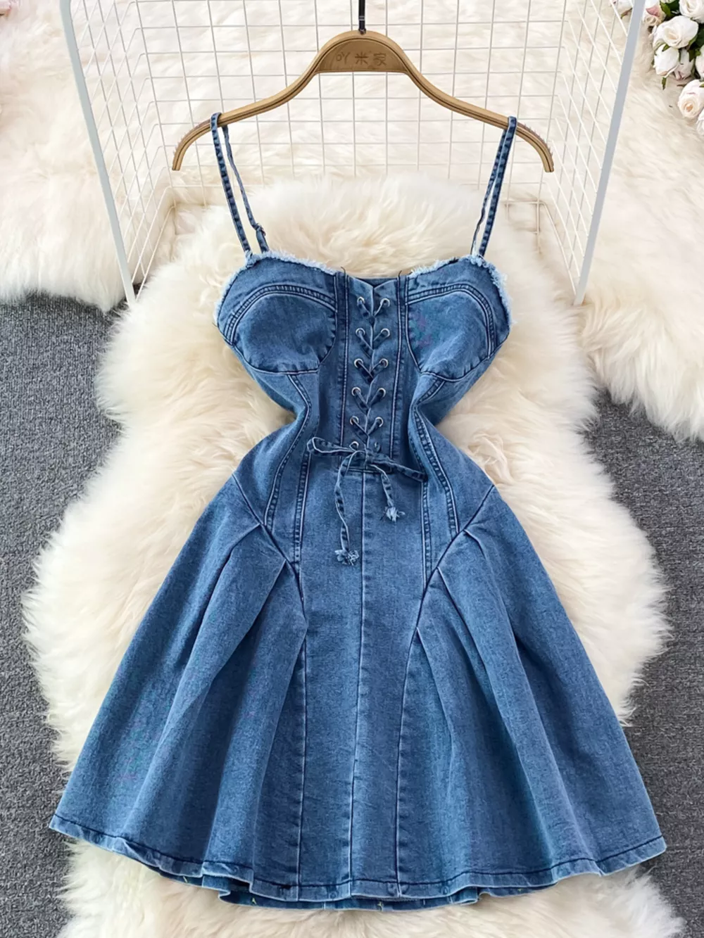 Lace-Up Denim A-Line Mini Dress