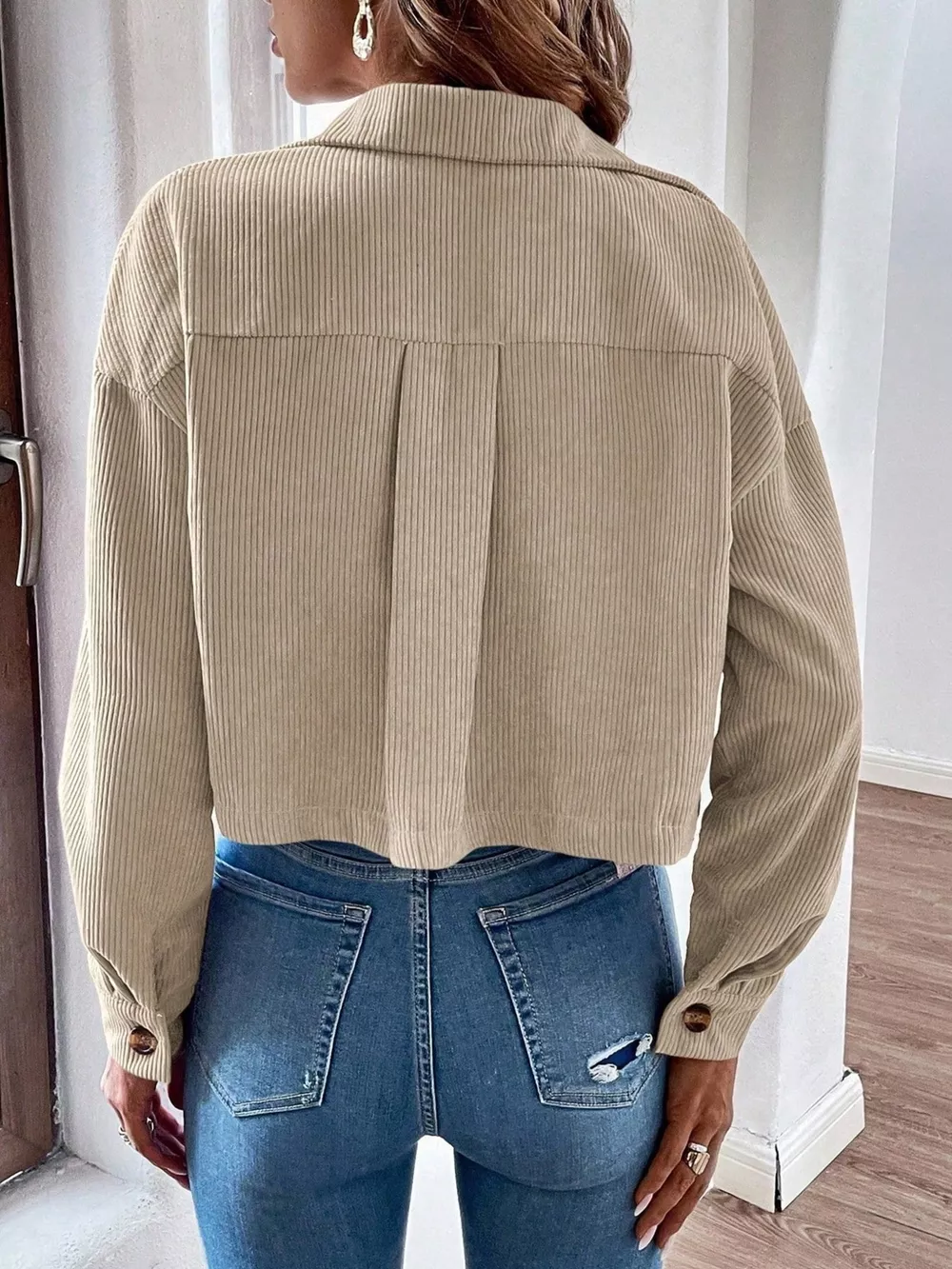 Cropped Corduroy Button-Down Jacket, image 9