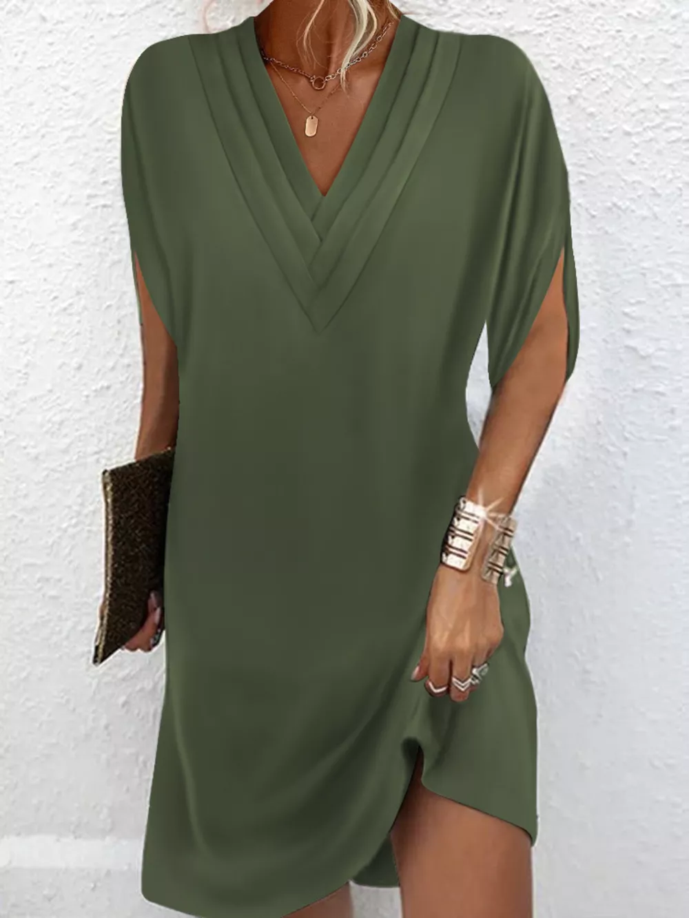 Full Size V-Neck Slit Sleeve Mini Dress Plus Size