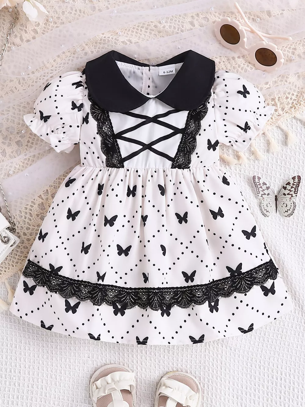 Children's Butterfly Print Lace Trim Peter Pan Collar Dress, image 2