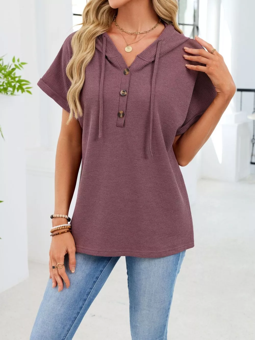 Casual Waffle Knit Button Detail Hooded Top, image 24