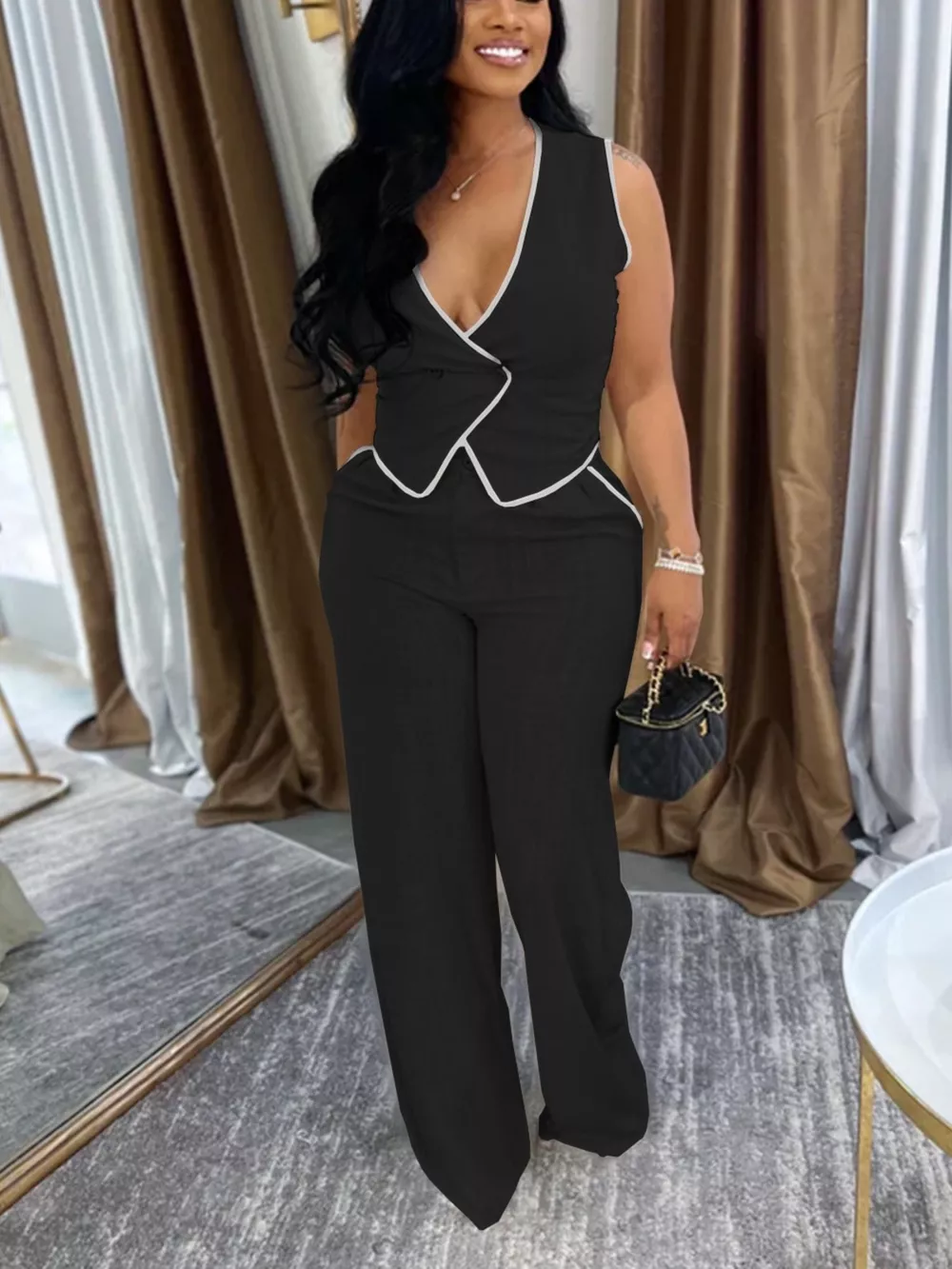 Contrast Trim Vest and Wide-Leg Pants Two-Piece Set