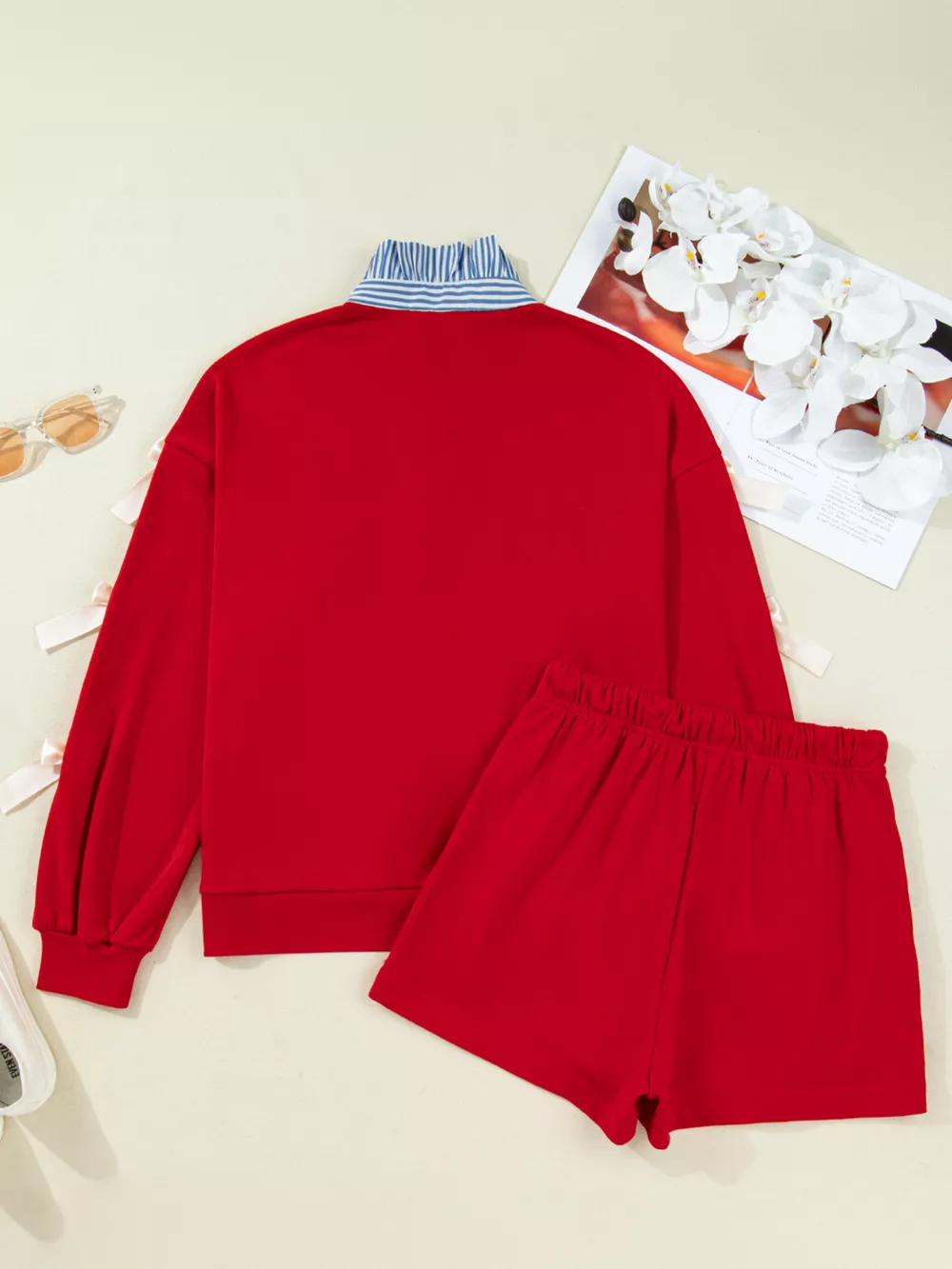 Striped Collar Patchwork Satin Bow Sweatshirt and Shorts Set, image 11