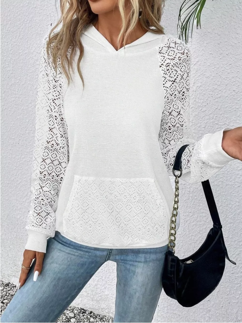 Lace Sleeve Kangaroo Pocket Hoodie, image 8