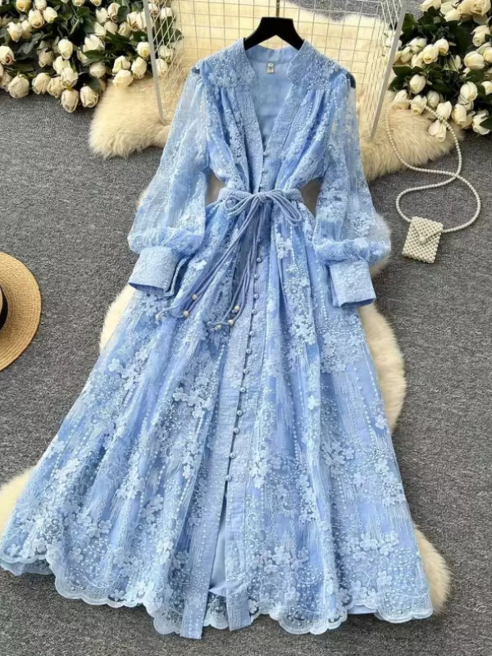 Lace Tie Waist Long Sleeve Dress, image 2