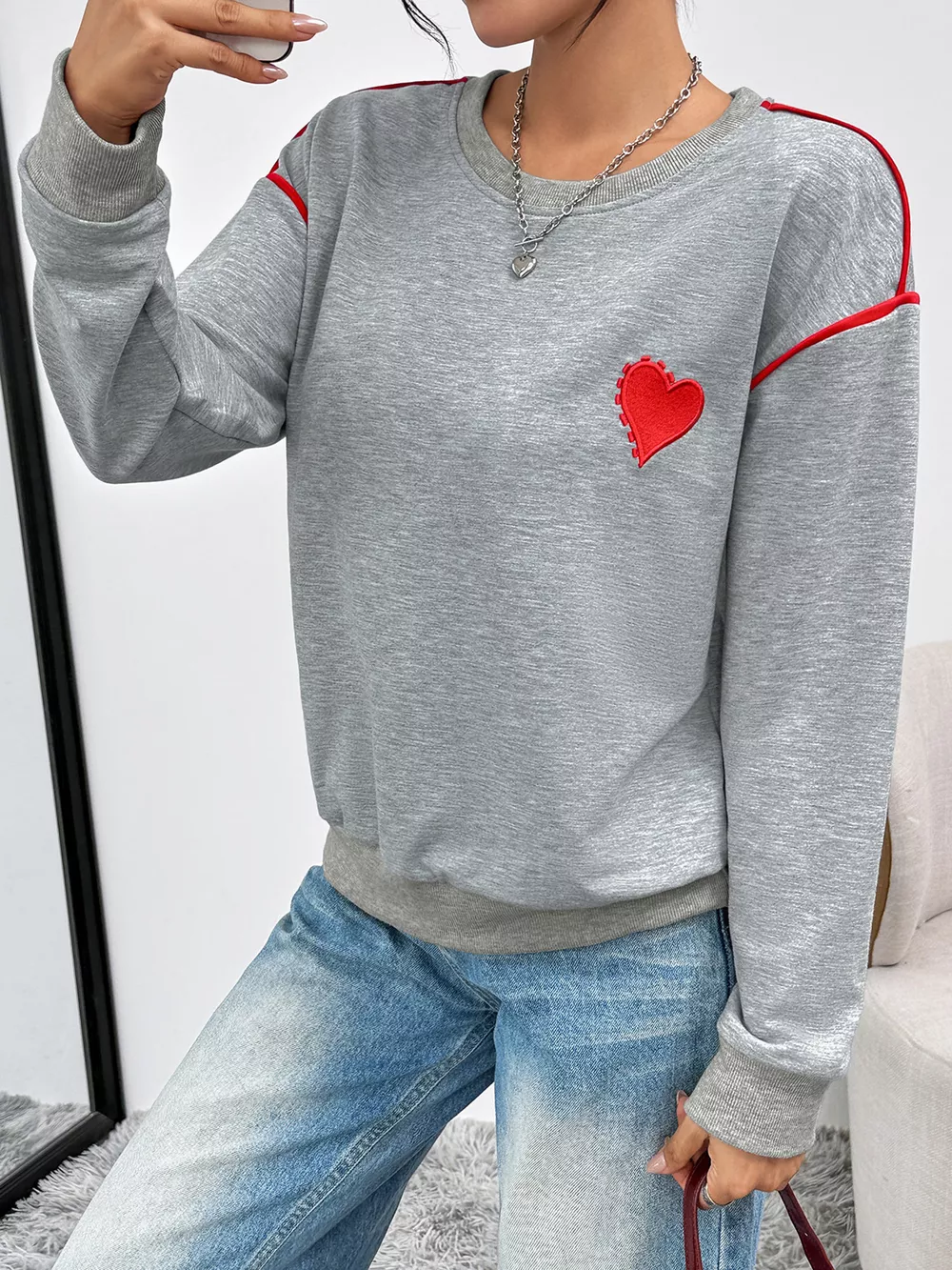 Heart Embroidered Round Neck Sweatshirt, image 10