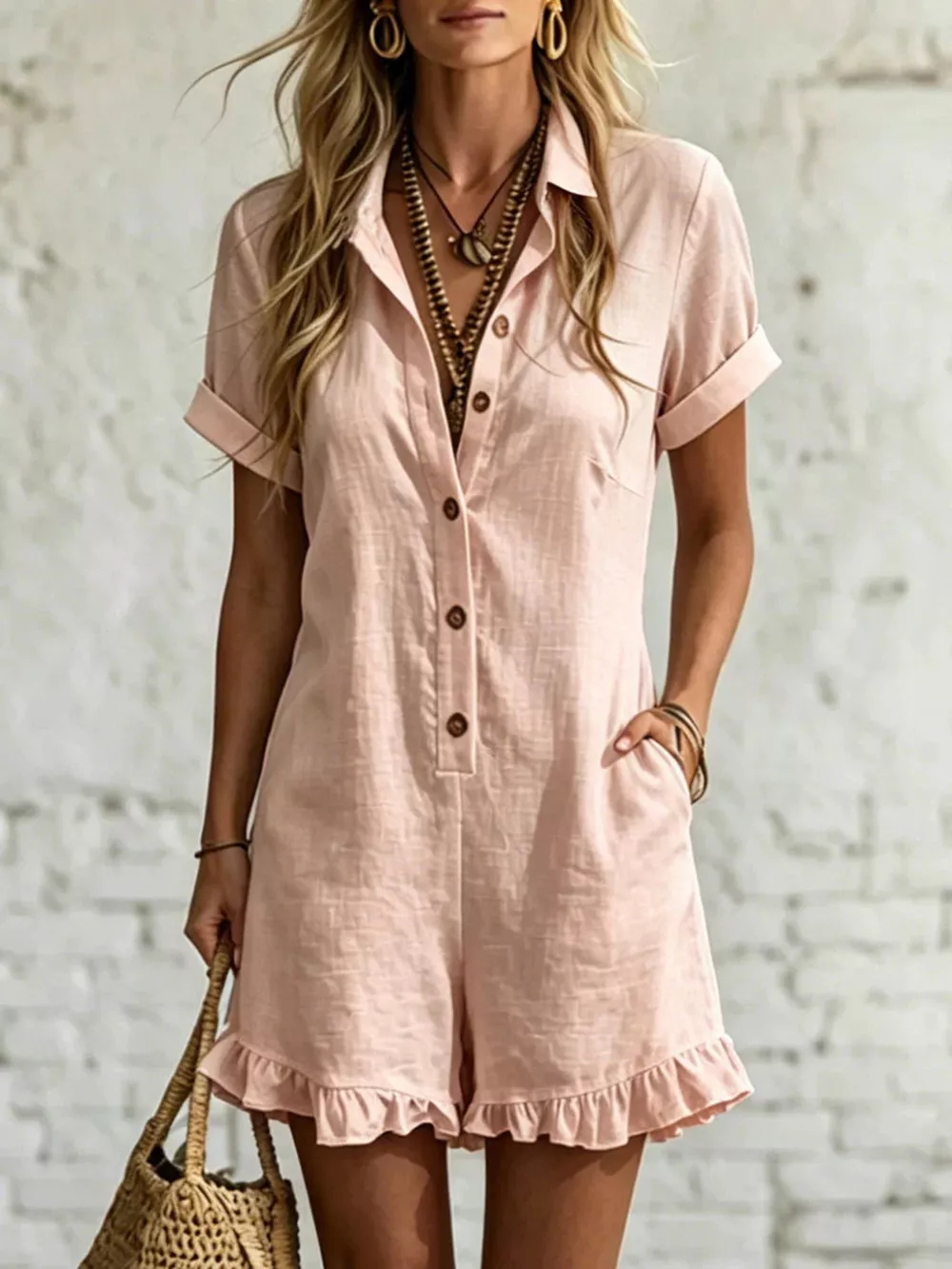 Full Size Button Front Ruffled Hem Romper Plus Size, image 5