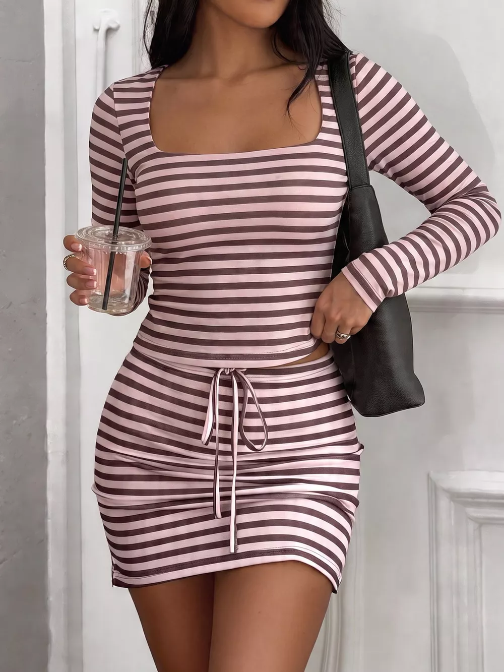 Striped Long Sleeve Square Neck Top and Mini Skirt Two-Piece Set, image 4