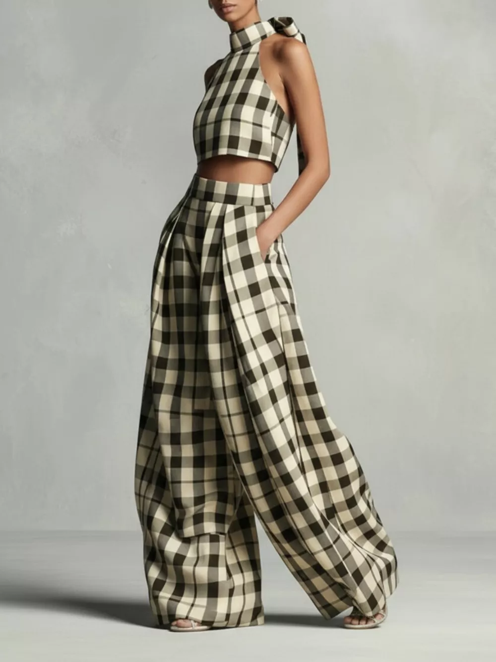 Plaid Halter Neck Crop Top and Wide-Leg Pants Two-Piece Set, image 2