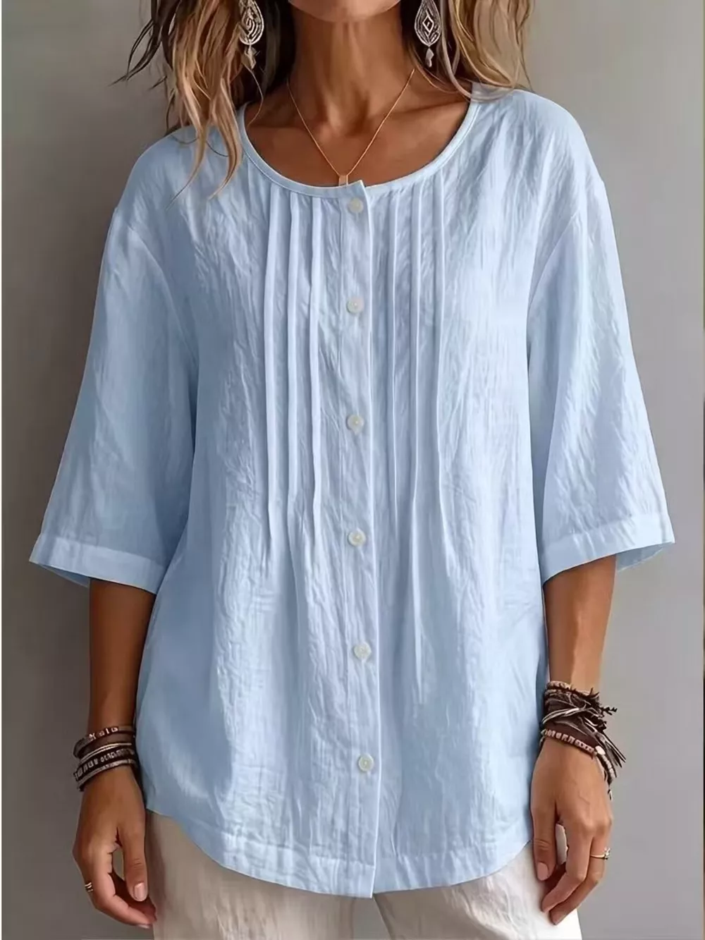 Full Size Texture Round Neck 3/4 Sleeve Blouse Plus Size, image 5