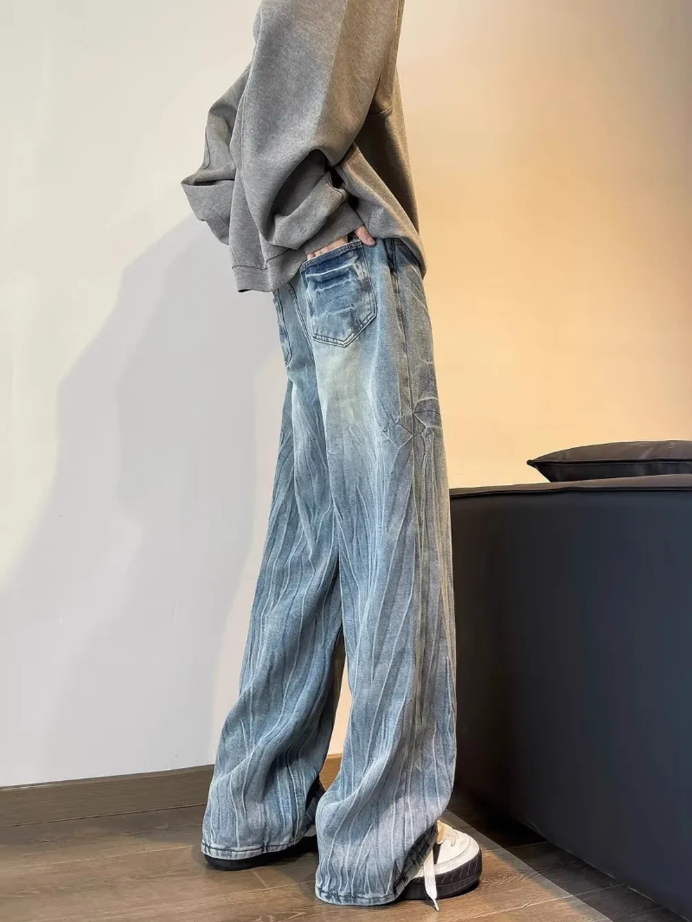 Men's Full Size Vintage Wash Wide Leg Jeans Plus Size, image 4