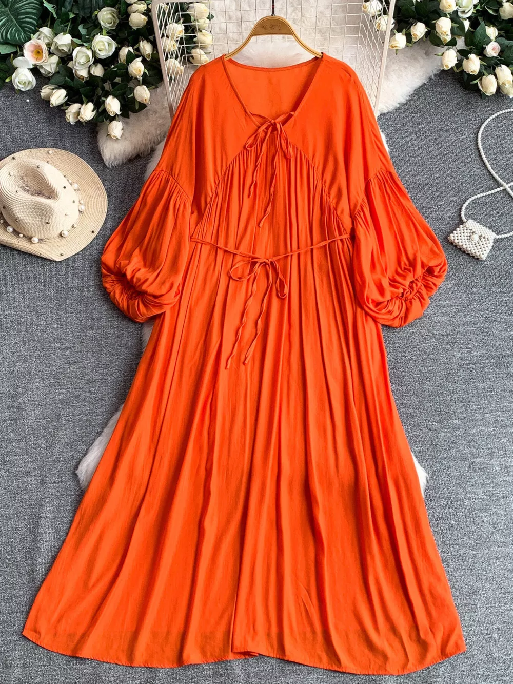 Balloon Sleeve Tie-Waist Dress, image 30