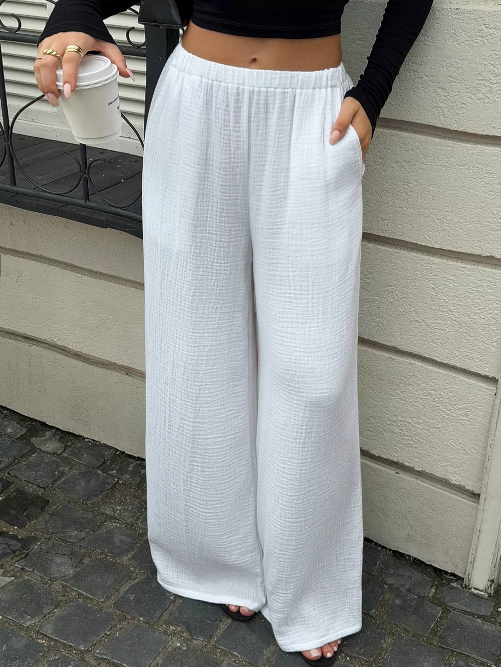 Textured Wide-Leg Casual Pants