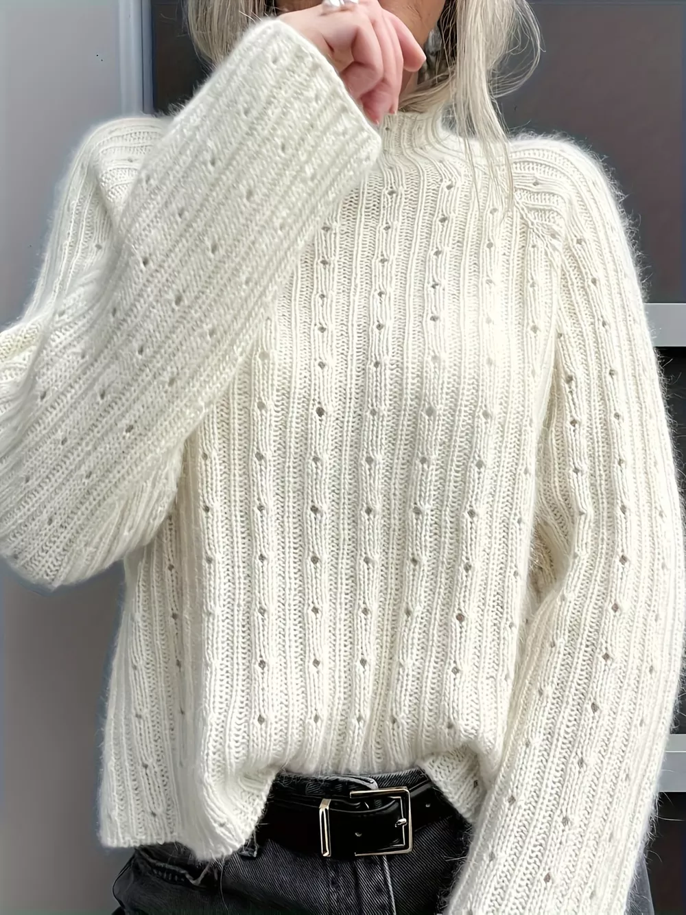 Mock Neck Eyelet Knit Top, image 2
