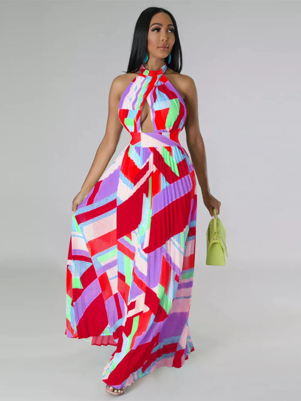 Halter Neck Geometric Print Pleated Maxi Dress, image 4
