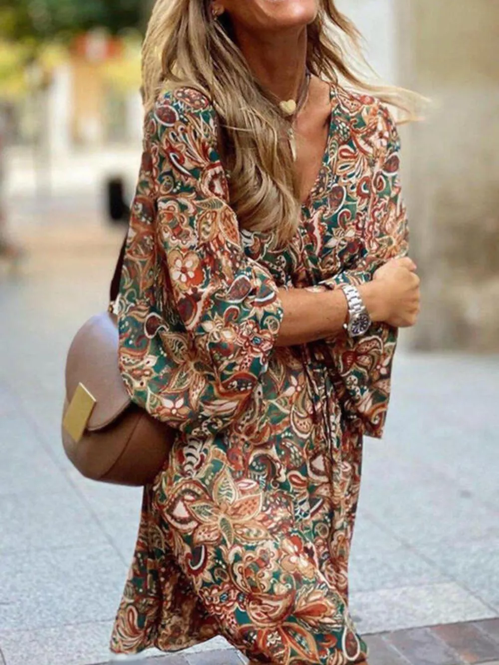Paisley Print Balloon Sleeve Mini Dress, image 8