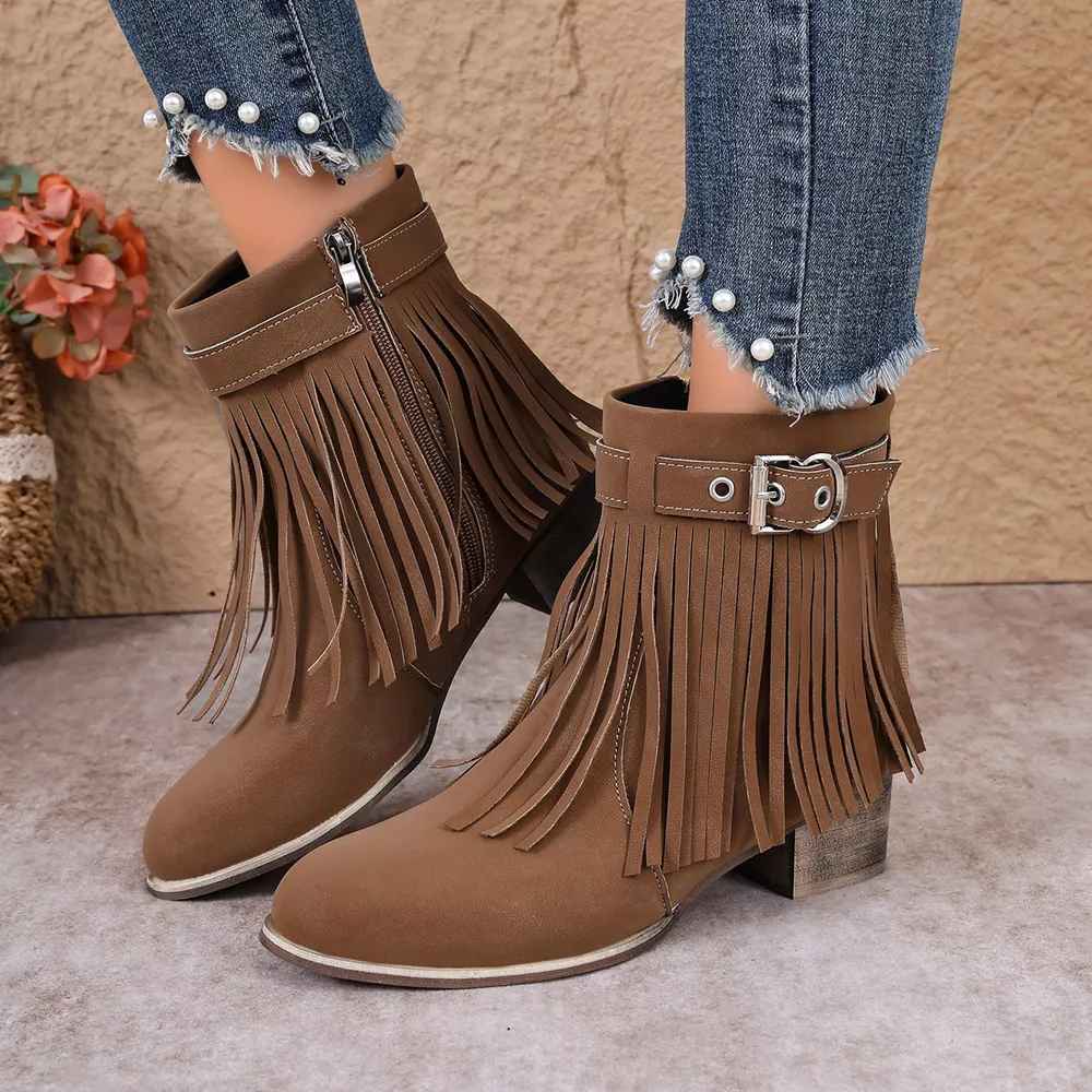Fringe Ankle Boots with Buckle Detail, image 7