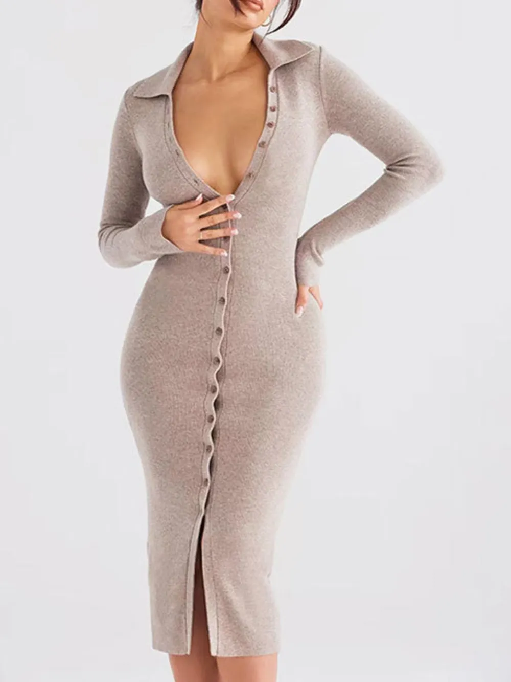 Button Front Long Sleeve Sweater Dress, image 2