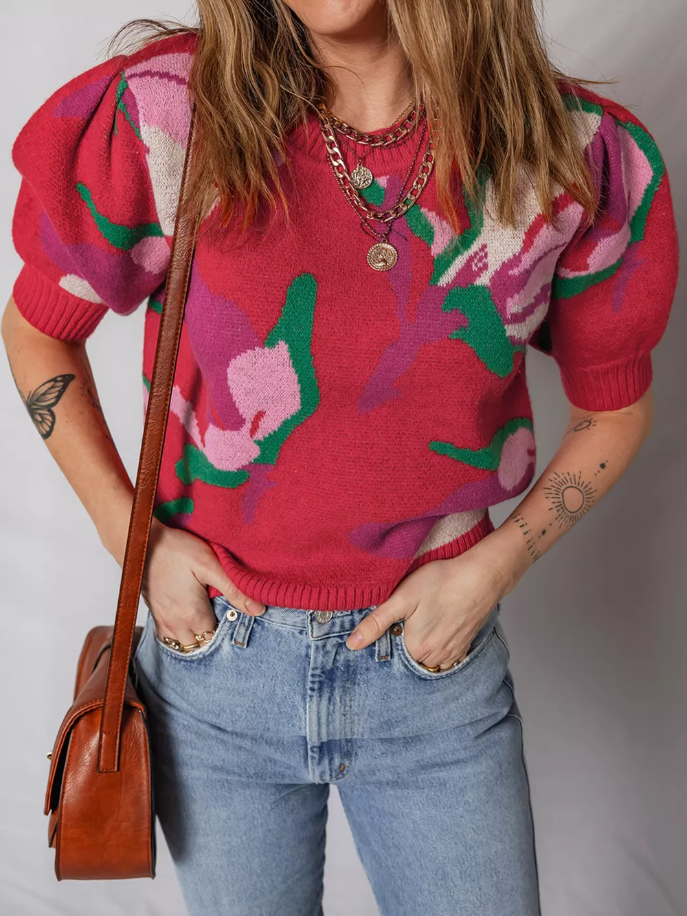 Floral Abstract Print Short Puff Sleeve Sweater