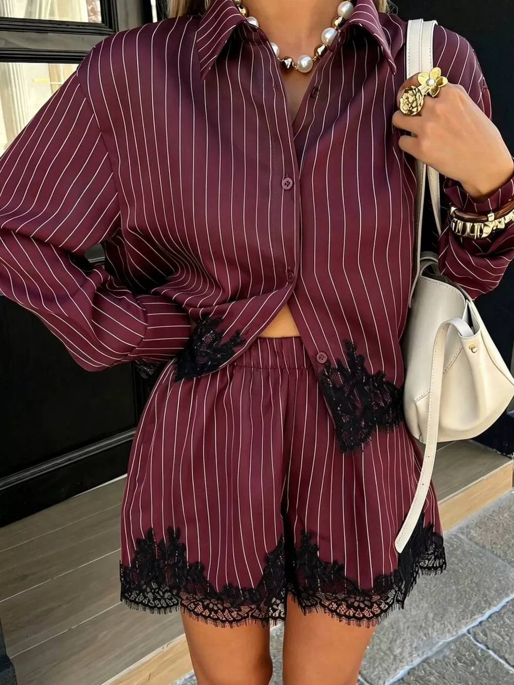 Lace Trim Striped Button-Down Shirt and Shorts Set, image 5