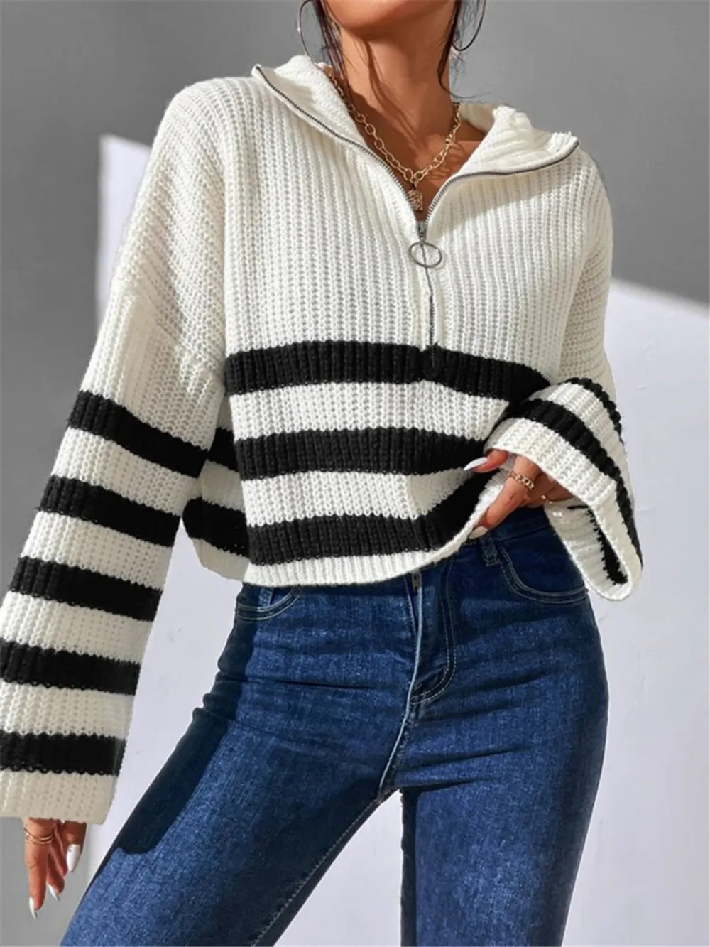 Striped Half Zip Cropped Sweater, image 5