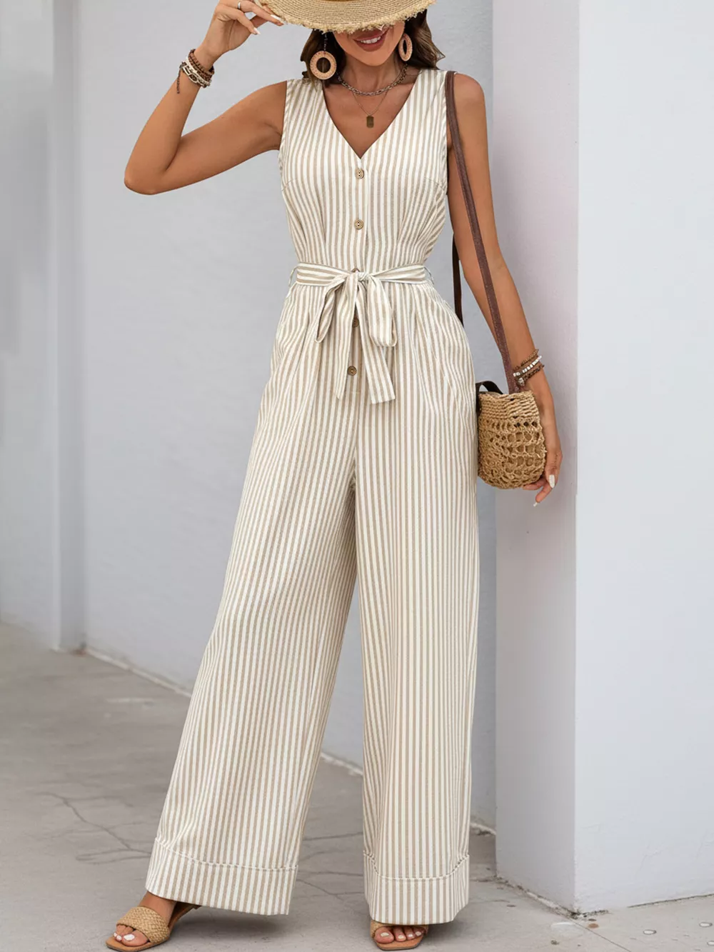 Striped Button-Front Wide Leg Jumpsuit, image 11