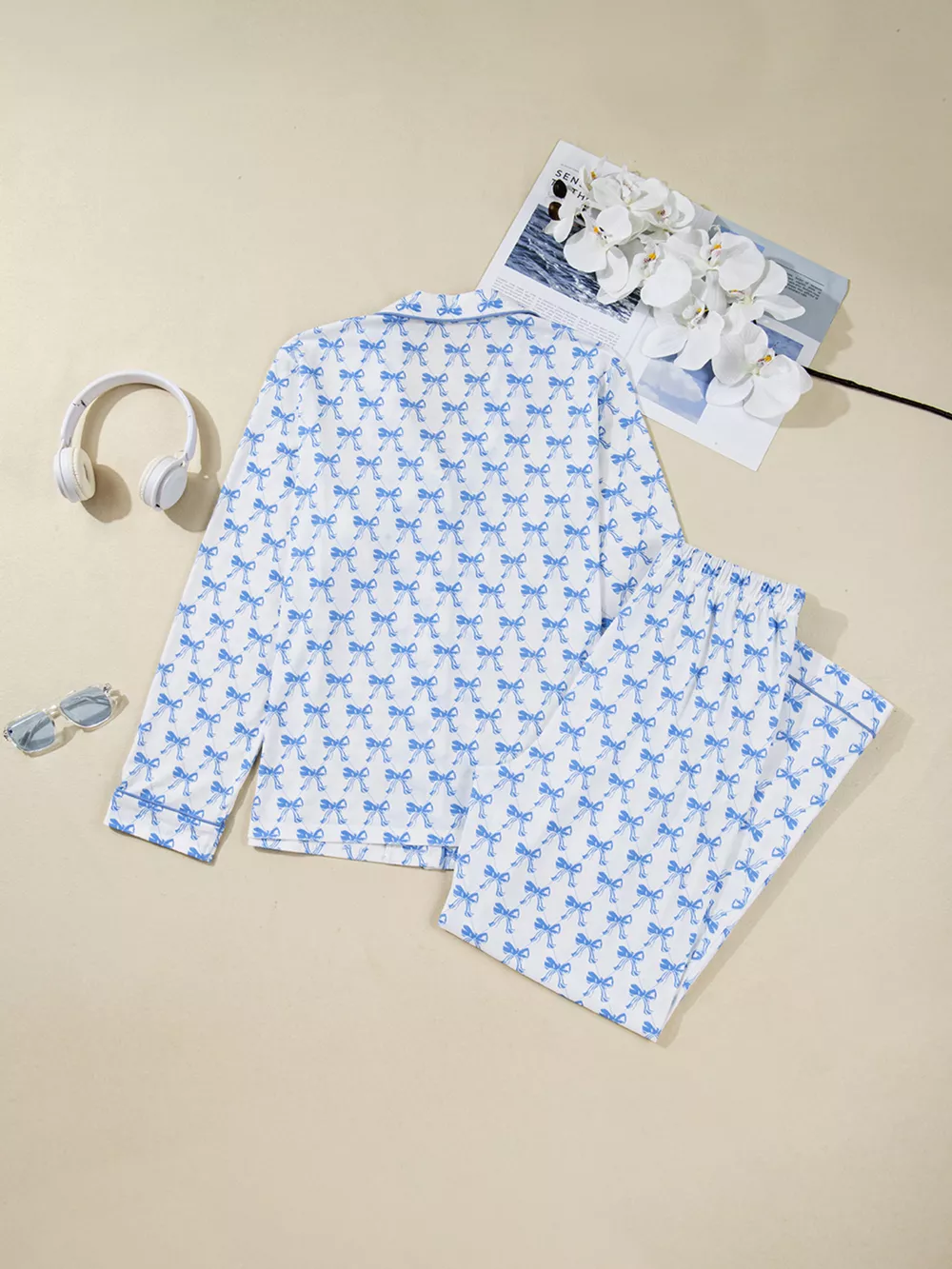 Bow Print Long Sleeve Shirt and Pants Pajama Set, image 11