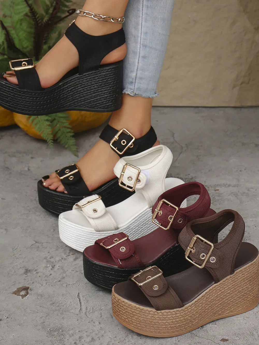 Buckled Platform Espadrille Wedge Sandals, image 2