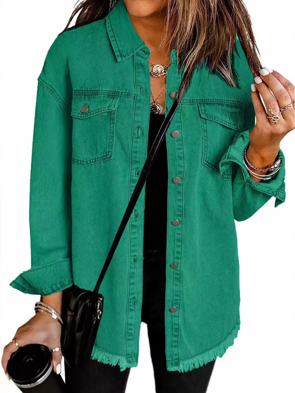 Frayed Hem Button Up Denim Jacket, image 7