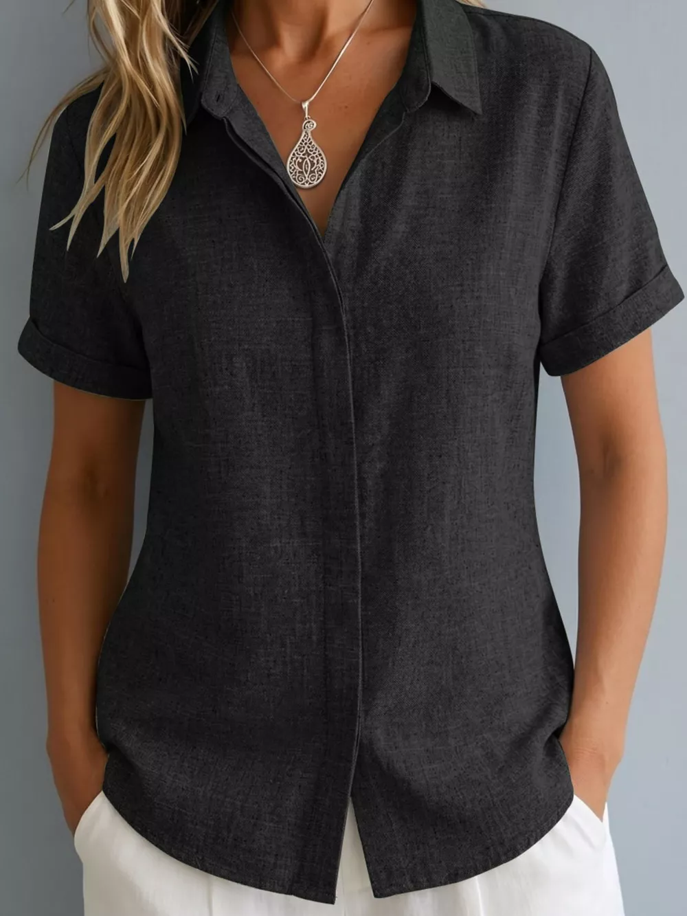 Full Size Collared Neck Short Sleeve Shirt Plus Size, image 8