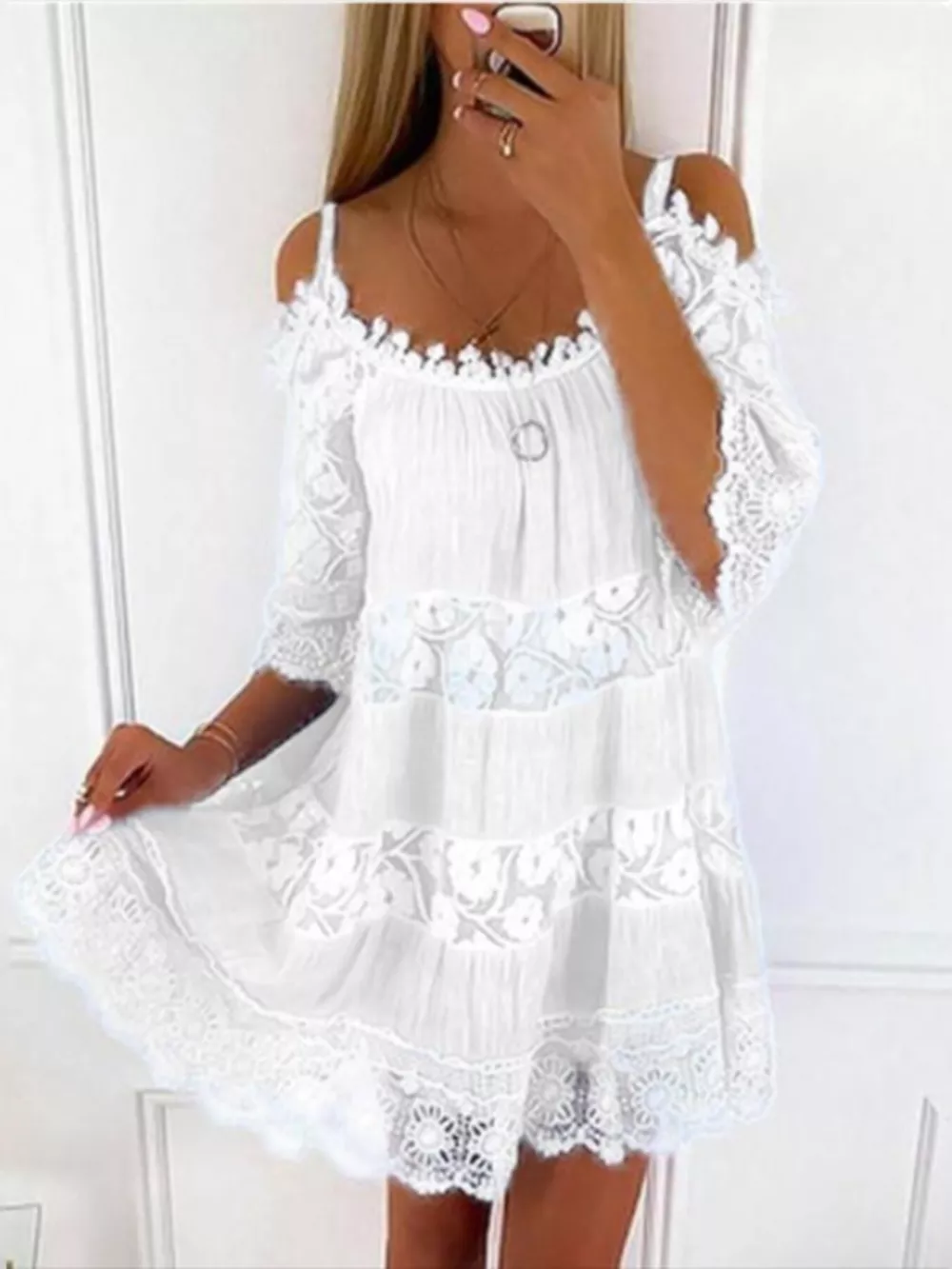 Full Size Bohemian Lace Cold Shoulder Mini Dress Plus Size, image 3