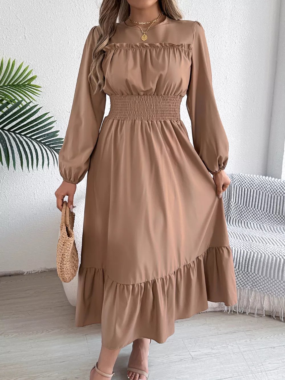 Round Neck Balloon Sleeve Tiered Dress, image 27