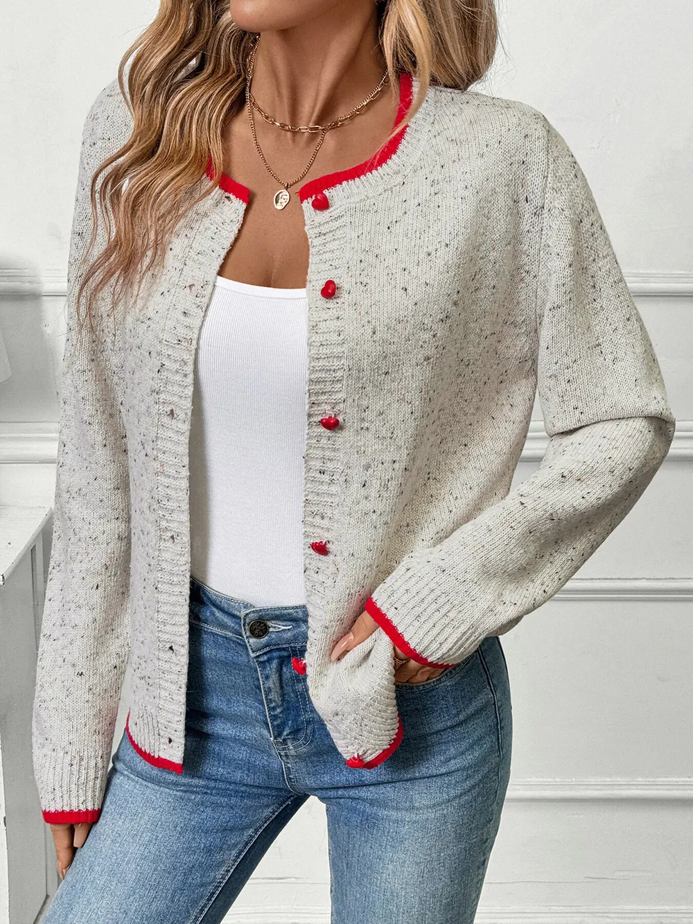 Contrast Trim Button Up Long Sleeve Cardigan, image 11