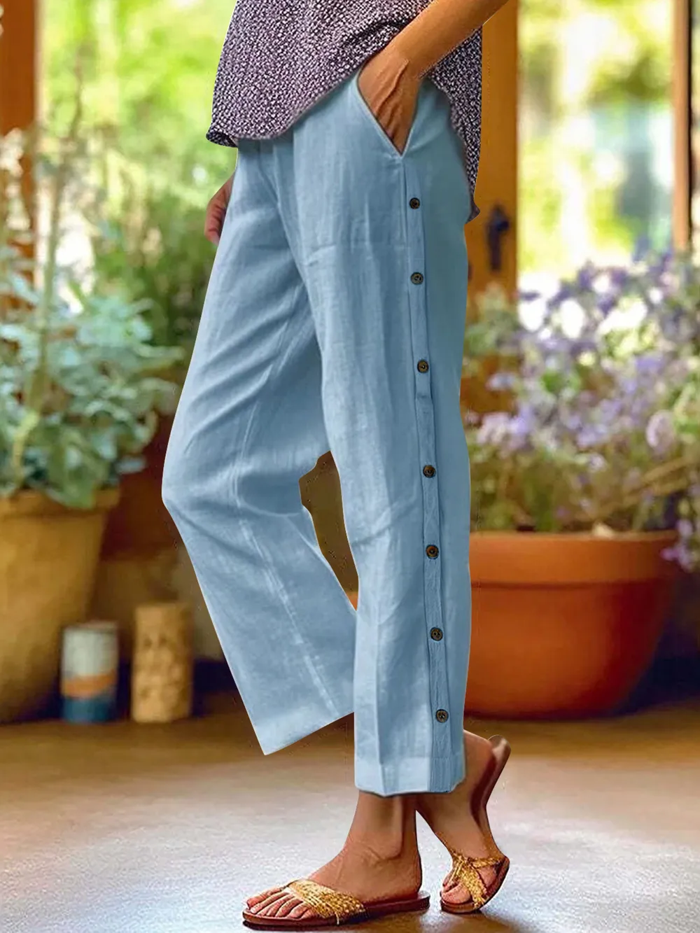 Full Size Side Decor Button Casual Wide Leg Pants Plus Size, image 23