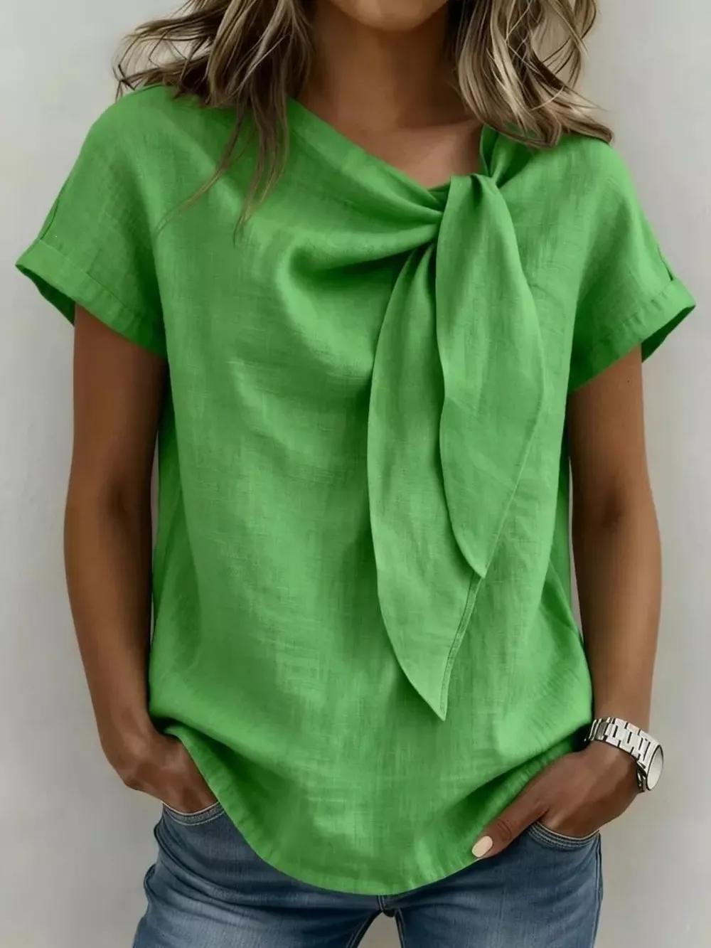 Full Size Bow Tie Neck Short Sleeve Blouse Plus Size, image 4