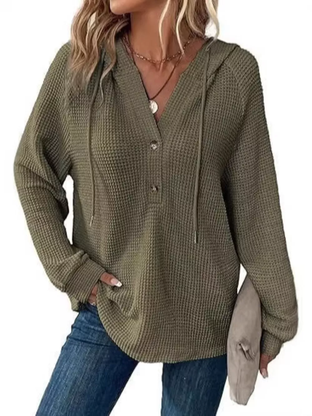Full Size Waffle Knit Half-Button Hoodie Plus Size, image 9