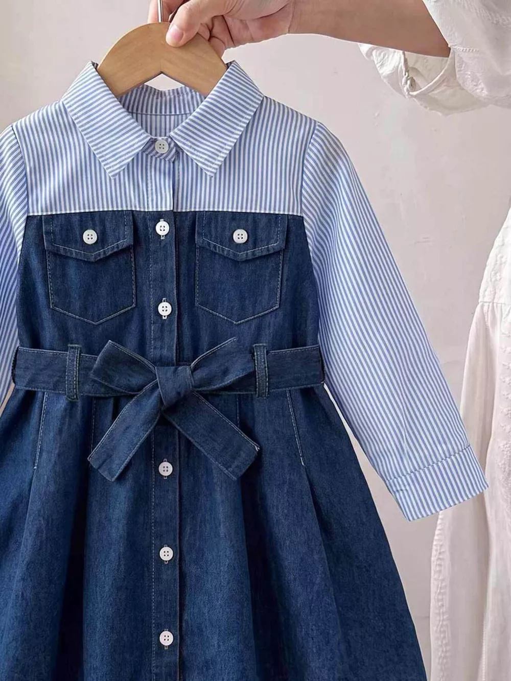 Children's Contrast Striped Denim Patchwork Dress with Belt, image 2