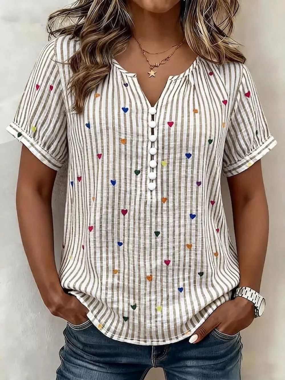 Full Size Heart Striped Short Sleeve Blouse Plus Size