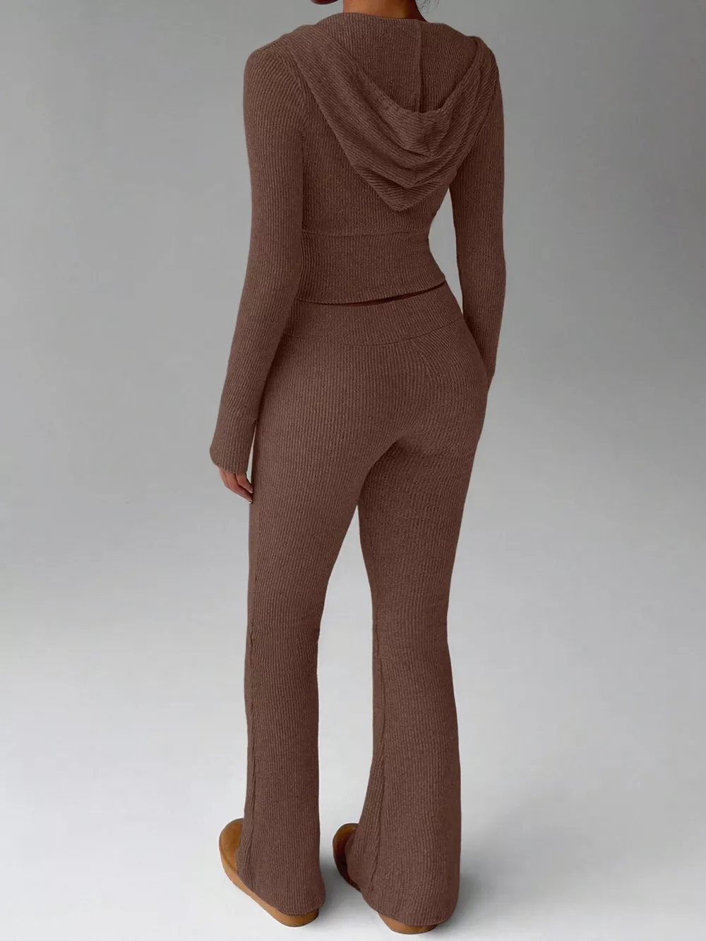 Ribbed Knit Zip-Up Hooded Top and Flared Pants Set, image 11