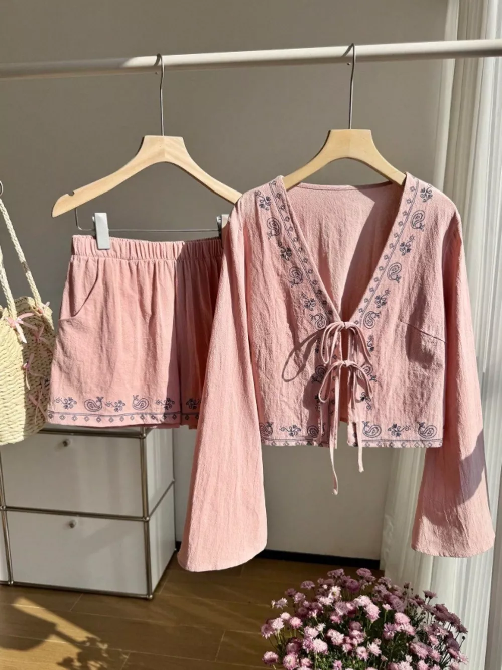 Embroidered Tie-Front Top & Shorts Set, image 21