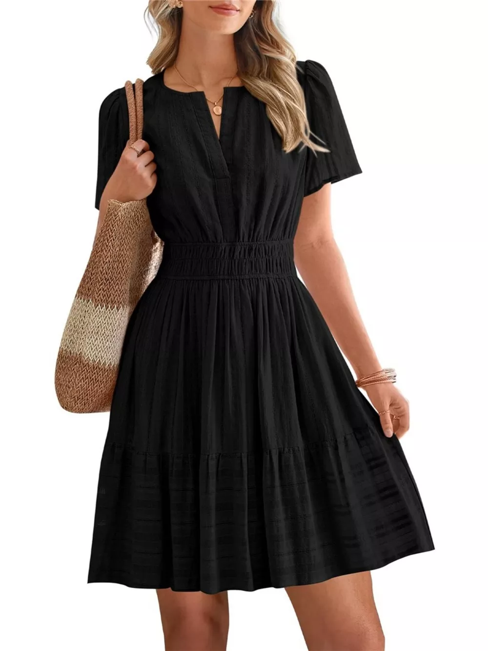 Short Sleeve Smocked Waist Tiered Dress, image 3