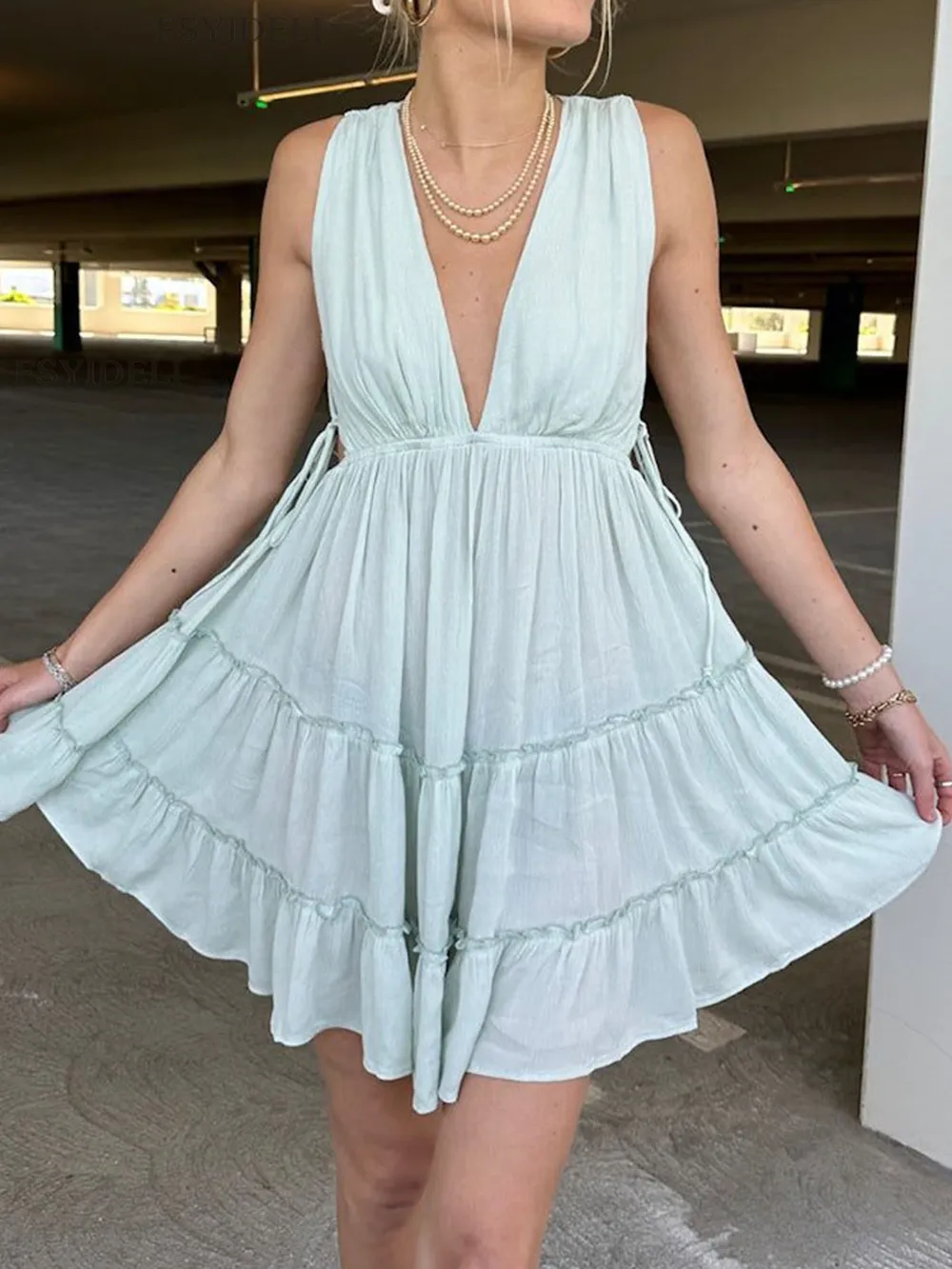 Deep V-Neck Tiered Mini Dress, image 14