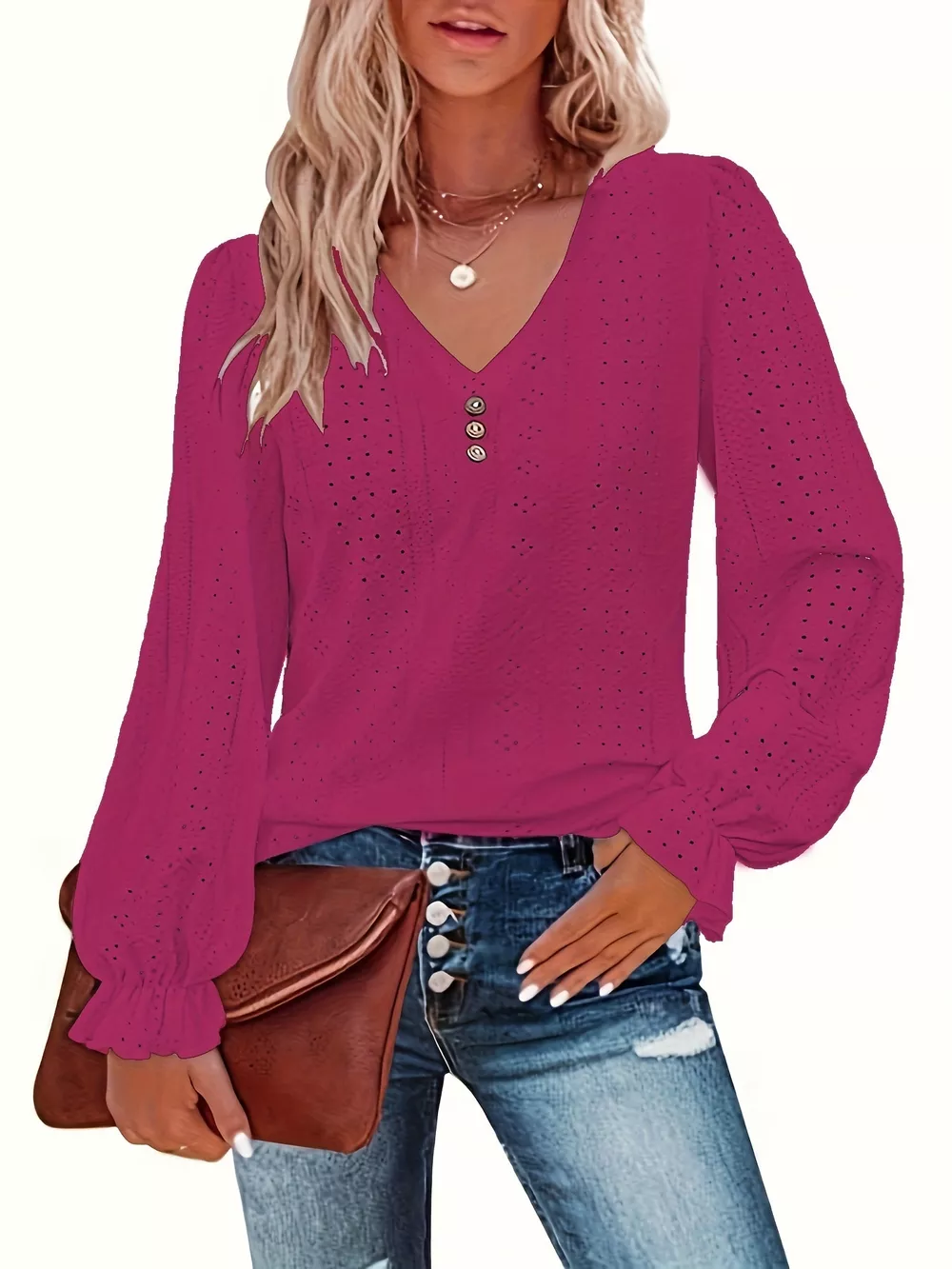 Plus Size Eyelet V-Neck Flounce Sleeve Blouse, image 16