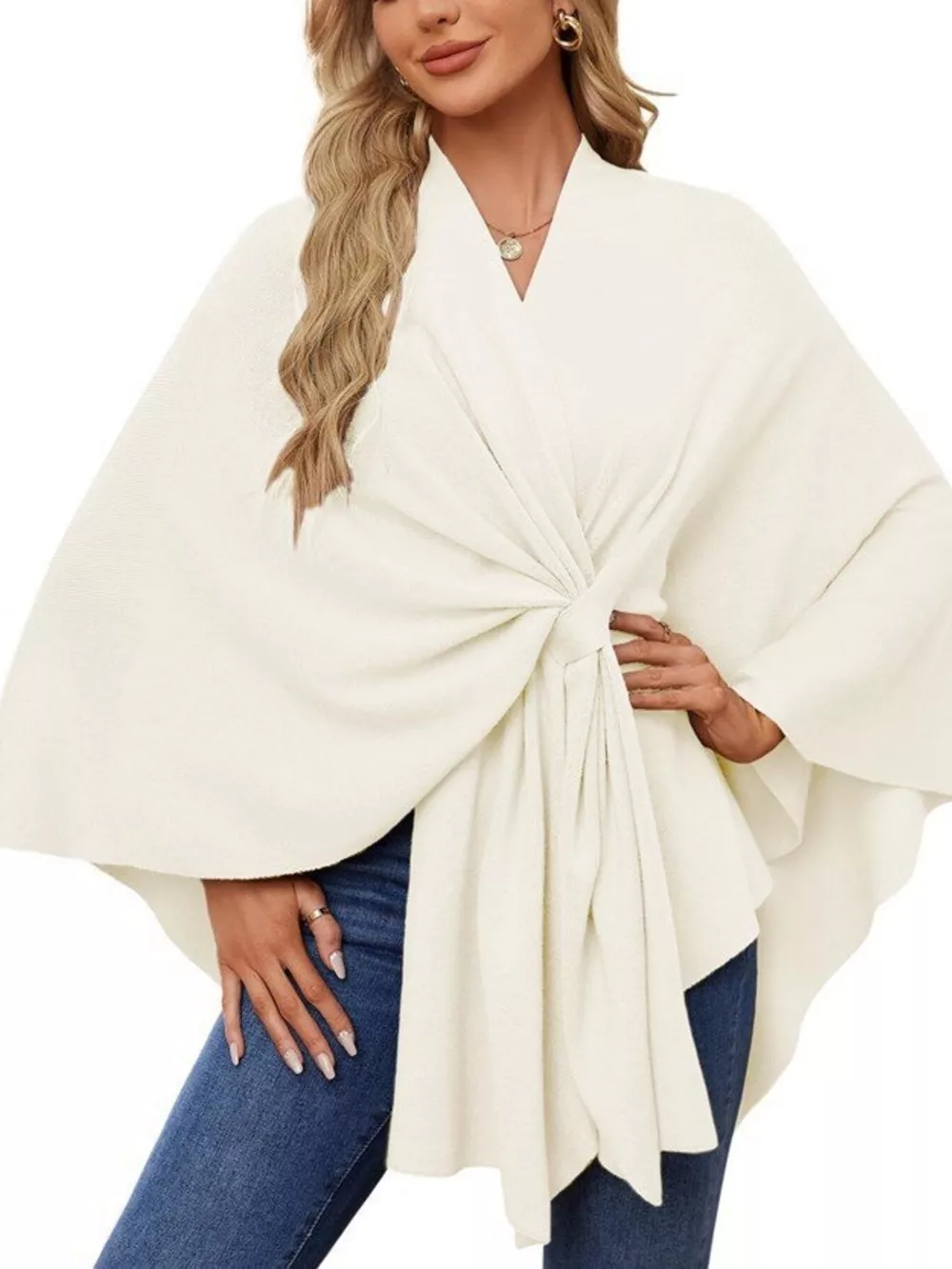 Solid Color Tie-Front Knit Cape Top, image 36